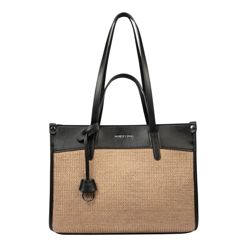 Dame strandtaske 045g 01 sort nappa+karamel raffia