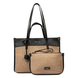 Dame strandtaske 045g 01 sort nappa+karamel raffia