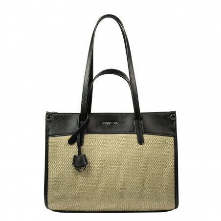 Dame strandtaske 045g 01 sort nappa+rafia sand oliven