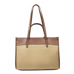 Kvindetaske til strand 045g cognac brun+rafia