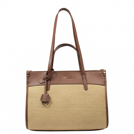 Kvindetaske til strand 045g cognac brun+rafia